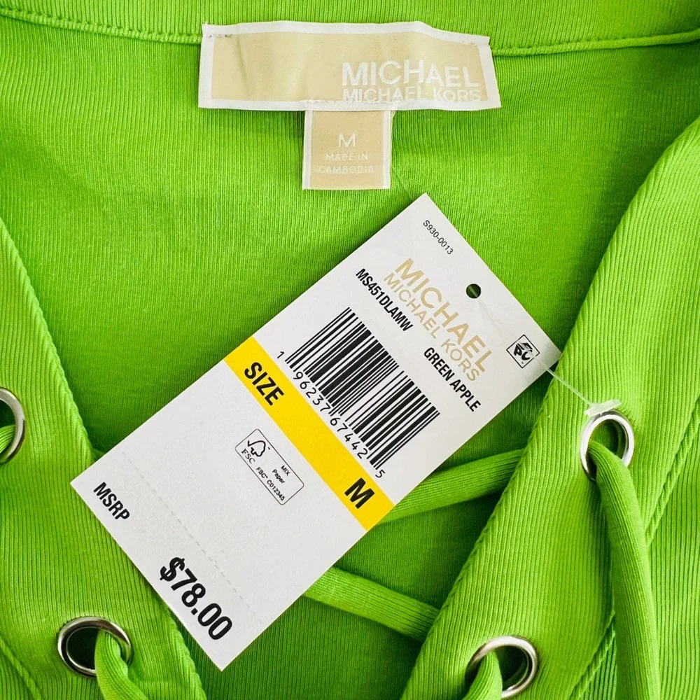 Michael Kors Lace Up Top Womens Medium Green Apple Grommet Short Sleeve